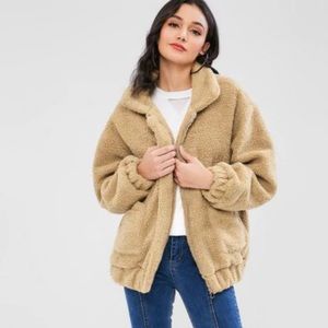 Fluffy Zip Up Winter Teddy Coat - Camel Brown